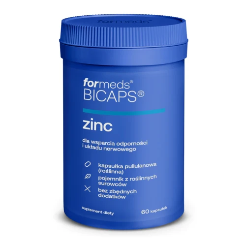 BICAPS_zinc.webp. Niebieski pojemnik z białymi napisami. Zinc w dawce 25mg. Formeds Bicaps - producent.