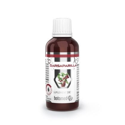 SARSAPARILLA_853x853-420x420.jpg. Buteleczka 50 ml z ciemnego szkła. Napis czerwony na biało srebrnej ulotce: Sarsaparilla .