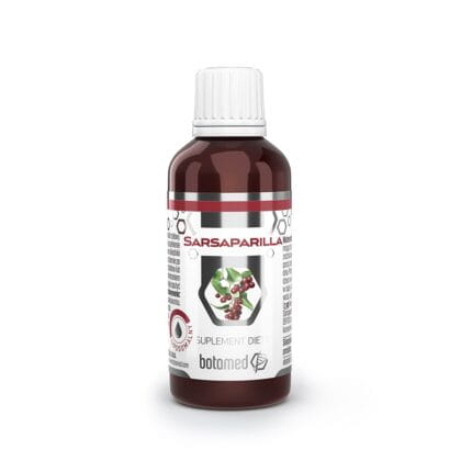 SARSAPARILLA_853x853-420x420.jpg. Buteleczka 50 ml z ciemnego szkła. Napis czerwony na biało srebrnej ulotce: Sarsaparilla .
