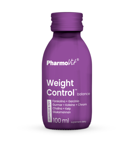 5904703901556---weight-control-balance-supples-go-100-ml-shot-pharmovit.png. Butelka owinięta fioletowym kolorem, napis Weight Control Balance. Oferta PHarmovit. Podany skład.