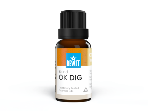 OK DIG.png Olejek eteryczny, buteleczka z ciemnego szkła 15 ml. ulotka biało-żółto- niebieska z napisem BEWIT i Blend OK DIG.