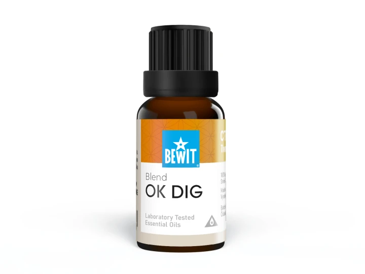 OK DIG.png Olejek eteryczny, buteleczka z ciemnego szkła 15 ml. ulotka biało-żółto- niebieska z napisem BEWIT i Blend OK DIG.