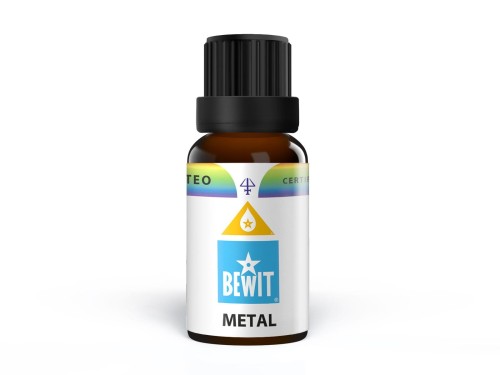 METAL.jpg Olejek eteryczny buteleczka z ciemnego szkła 15 ml, ulotka biała z nibiesko -żółtymi akcentami z napisem BEWIT - Metal.