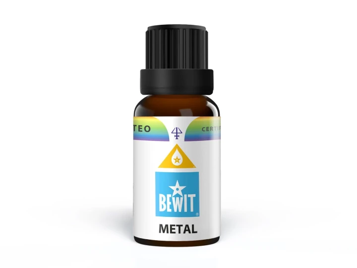 METAL.jpg Olejek eteryczny buteleczka z ciemnego szkła 15 ml, ulotka biała z nibiesko -żółtymi akcentami z napisem BEWIT - Metal.