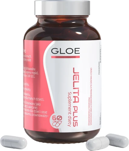 gloe_jelita_plus_60_kaps.webp. Słoik- butelko z ciemnego szkła. Ulotka biało różowa, na białej części napis Jelita Plus suplement diety. Oferta Gloe