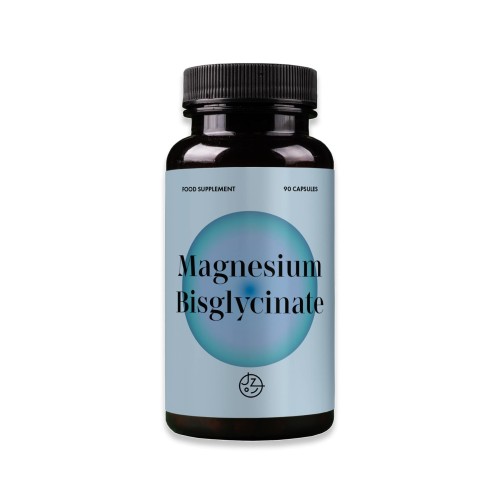 Magnesium Bisglycinate.jpg. Pojemnik z ciemnego szkła- butelka. Niebieska ulotka , naśrodku ciemno-niebieskie kółko z napisem Magnesium Bisglycinate. Oferta Jemy Zdrowo