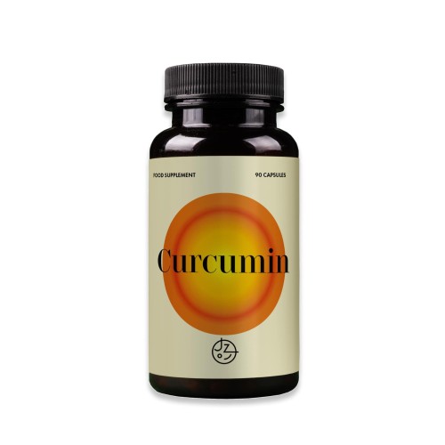 CURCUMIN.jpg Pojemnik z ciemnego tworzywa, ulotka kremowa z napisem  Curcumin na pomarańczowym kółku.Oferta Jemy Zdrowo