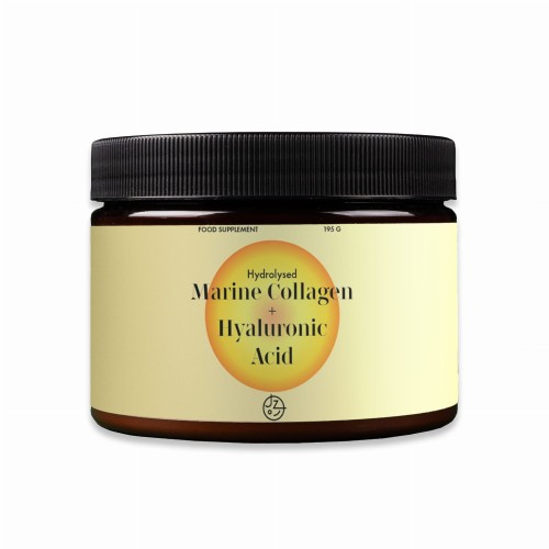 Kolagen mango.jpg. Ciemny słoik, na nim ulotka kremowa z  żółtym kółkiem a na nim napis Marine Collagen + kwas Hualuronowy. Oferta Jemy Zdrowo.