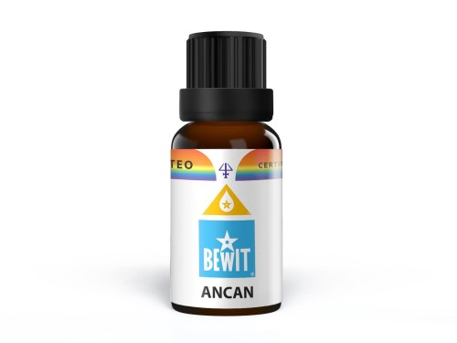 Bewit Ancan.jpg mała 15 ml. szklana buteleczka z ciemnego szkła. naklejka z nazwą olejku eterycznego i producenta Bewit. Certyfikat CETEO