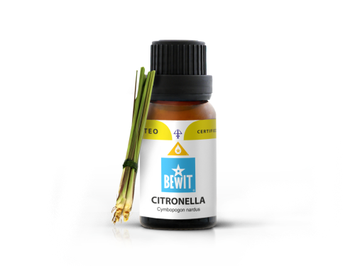 Citronella.png, buteleczka 5 ml. z ciemnego szkła, z naklejoną ulotką ze składem i firmą BEWIT.