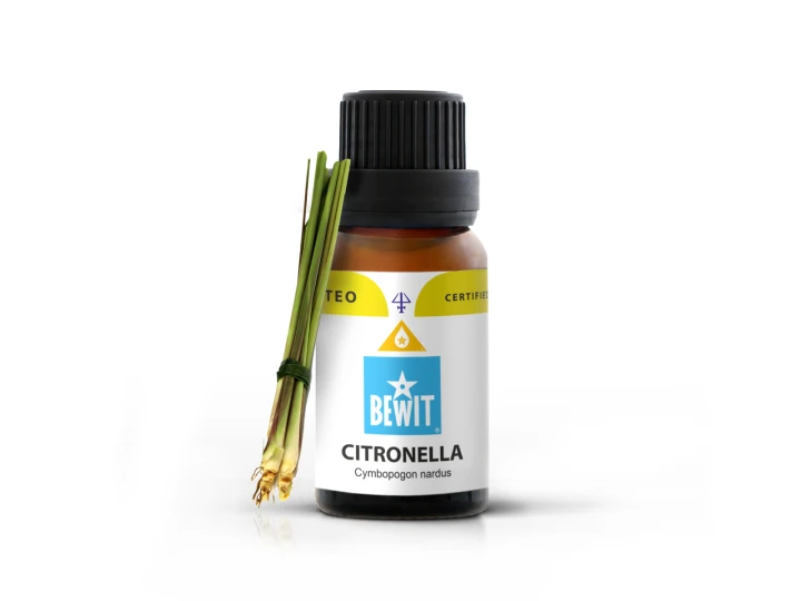 Citronella.png, buteleczka 5 ml. z ciemnego szkła, z naklejoną ulotką ze składem i firmą BEWIT.
