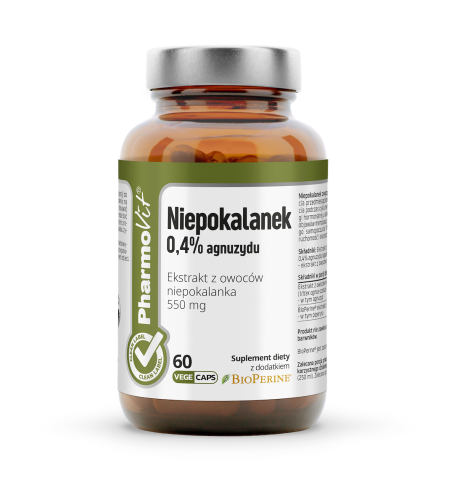 5904703902119---niepokalanek-0,4-agnuzydu-60-kaps-clean-label-pharmovit.png, Słoik z ciemnego szkła z białą ulotką opisującą skład.