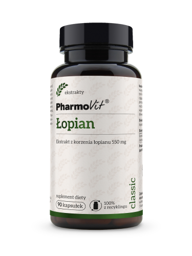 Łopian- 90 kaps..png, ciemny słoik z kapsułkami, produkt przygotowany z korzenia łopianu.Ekstrakt. Kapsułka z żelatyny.