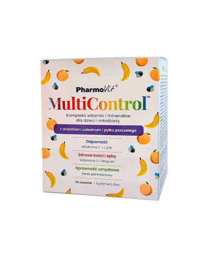 5904703901730---multicontrol-kompleks-witamin-i-mineralow-dla-dzieci-i-mlodziezy-30-saszetek-pharmovit.png. Biały kartonik z kolorowym opisem składu i zaleceń. w środku saszetki.Zdrowe kości i zęby.