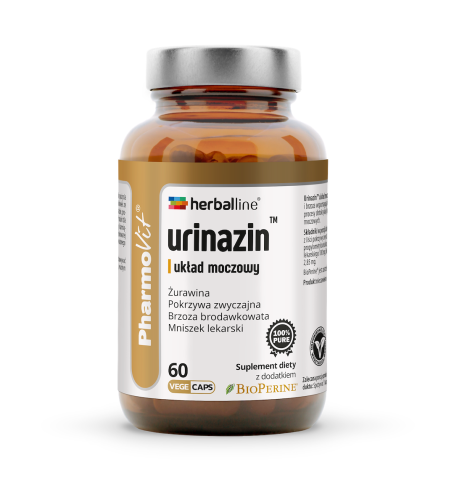 Urinazin.png, Słoik z ciemnego szkła, skład: brzoza, pokrzywa, mniszek, żurawina, BioPerine® – ekstrakt z czarnego pieprzu, który wspomaga wchłanianie składników aktywnych.