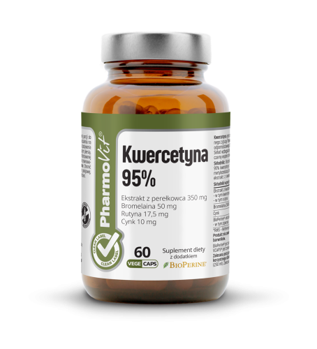 Kwercetyna.png Kwercetyna 95% 60 kaps Vege | Clean Label Pharmovit . Słoiczek z ciemnego szkła. Skład:Ekstrakt z kwiatów perełkowca japońskiego , kapsułka celulozowa:  bromelaina  (cytrynian cynku), - ekstrakt z owoców pieprzu czarnego