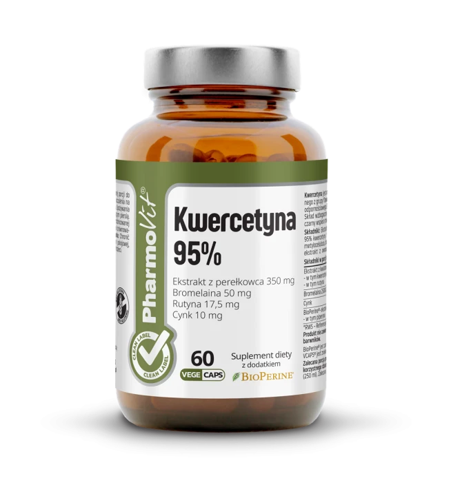 Kwercetyna.png Kwercetyna 95% 60 kaps Vege | Clean Label Pharmovit . Słoiczek z ciemnego szkła. Skład:Ekstrakt z kwiatów perełkowca japońskiego , kapsułka celulozowa:  bromelaina  (cytrynian cynku), - ekstrakt z owoców pieprzu czarnego