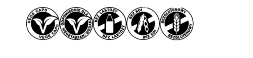 kapsułki Vege, produkt bez laktozy, bez soi, bez glutenu, dla wegetarian i wegan.