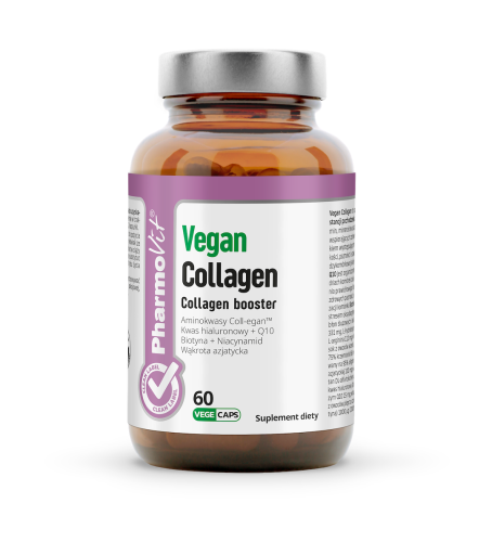 Vegan Collagen.pngTo kompozycja składników wspierających zdrowie włosów, skóry, paznokci oraz kości i chrząstek. Kolagen jest białkiem występującym w ludzkim organizmie. Butelka z ciemnego szkła. Producent PharmoVit.Na etykiecie skład:Coll-egan™  i inne.