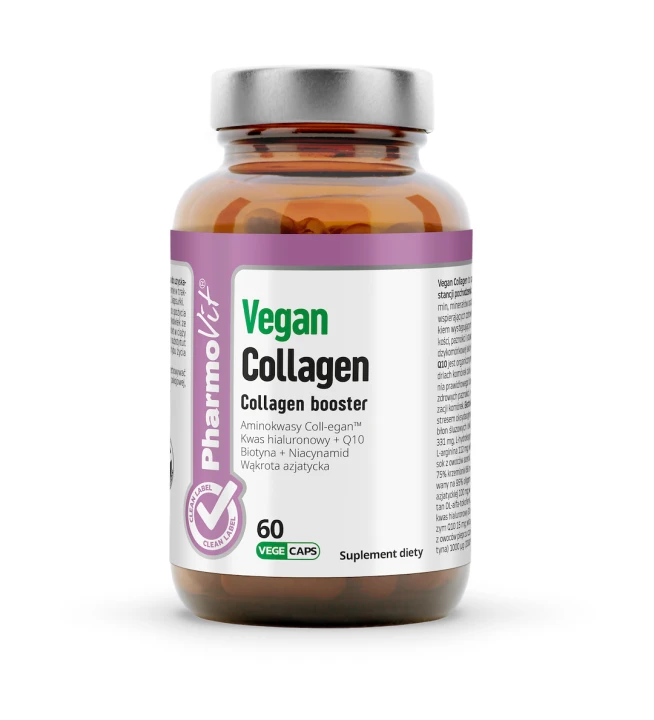 Vegan Collagen.pngTo kompozycja składników wspierających zdrowie włosów, skóry, paznokci oraz kości i chrząstek. Kolagen jest białkiem występującym w ludzkim organizmie. Butelka z ciemnego szkła. Producent PharmoVit.Na etykiecie skład:Coll-egan™  i inne.