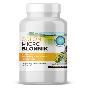 colon-micro-blonnik-caps-wiz-popr1-kopia.png. Pojemnik z kapsułkami, koloru białego, zawartość 60 szt. Etykieta na produkcie w kolorze biało-pomarańczowym. Producent Ormus. Oczyszczony ze szczawianów i fitynianów micro błonnik + maślan .
