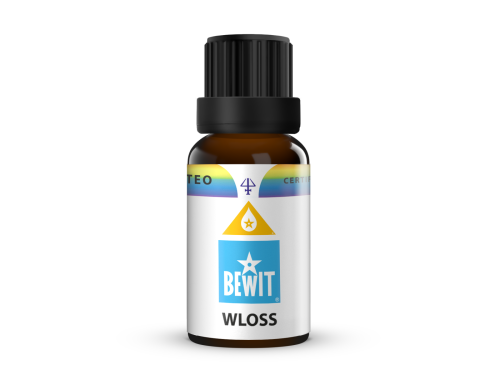 Olejek Eteryczny Wloss- 15 ml. Bewit,Ciemna, szklana buteleczka z biało niebieską naklejką . Napis Bewit WLOSS.png