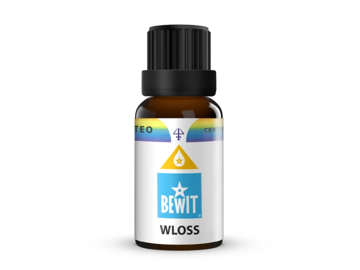 Olejek Eteryczny Wloss- 15 ml. Bewit,Ciemna, szklana buteleczka z biało niebieską naklejką . Napis Bewit WLOSS.png