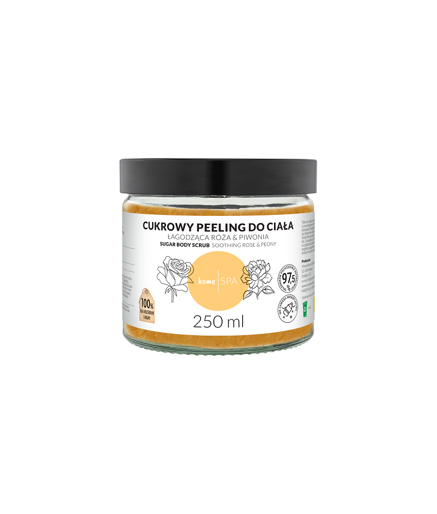  Cukrowy peeling do ciała – Łagodząca Róża & Piwonia

Linia: home SPA

Pojemność: 250 ml. Etykieta biała.

97,5% składników pochodzenia naturalnego

100% naturalny cukier.  Przezroczysty słoik z czarną nakrętką, 